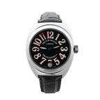 Franck Muller Transamerica watch with black dial, oversized white numerals outlined in red, silver-tone case, date window and black leather strap.
