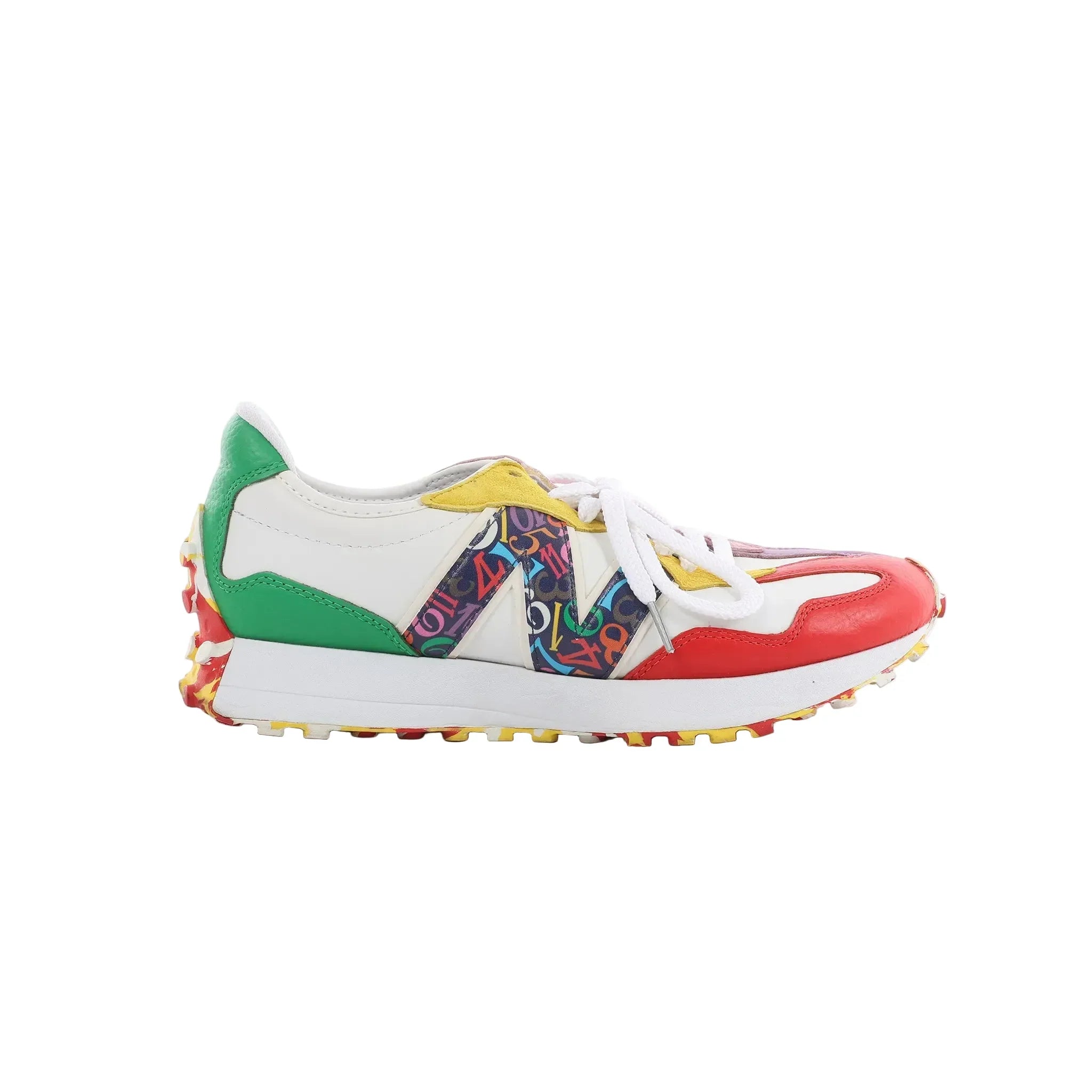 Franck Muller x New Balance MS327FMB multicolor leather sneaker with white base, red toe, green heel, yellow accents, and patterned side “N” logo on white background