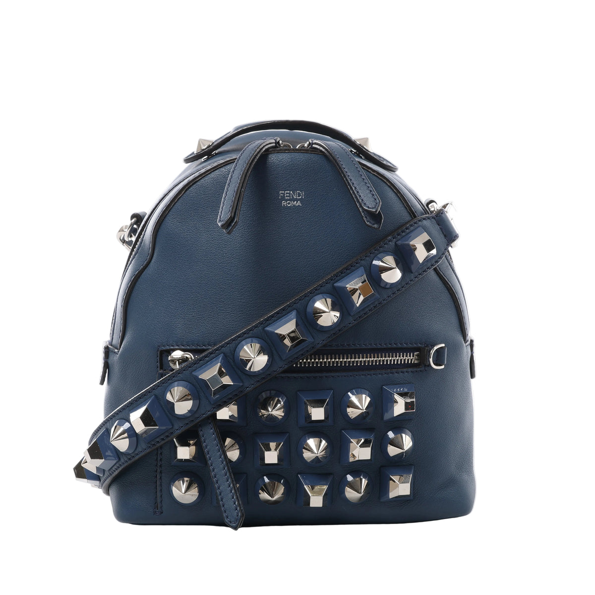Navy blue Fendi leather bag with a rounded top, silver-tone geometric studs, a matching studded shoulder strap, top handle and front zip pocket.