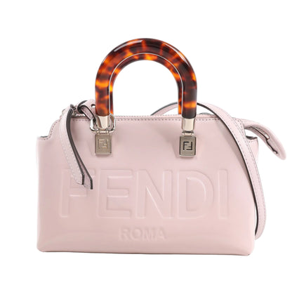 Fendi By The Way Mini 2Way Handbag 8BS067 in light pink leather with embossed FENDI ROMA logo, tortoiseshell acrylic top handles, silver-tone hardware, and a detachable shoulder strap, displayed on a white background.