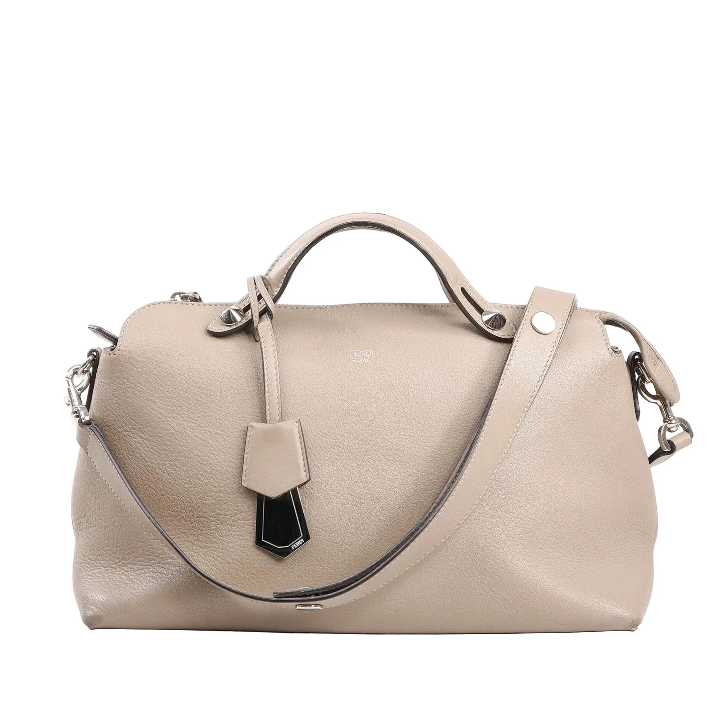 Fendi By The Way Medium 2Way handbag in beige grained leather with silver-tone hardware, top handles, shoulder strap, and decorative tag charm.