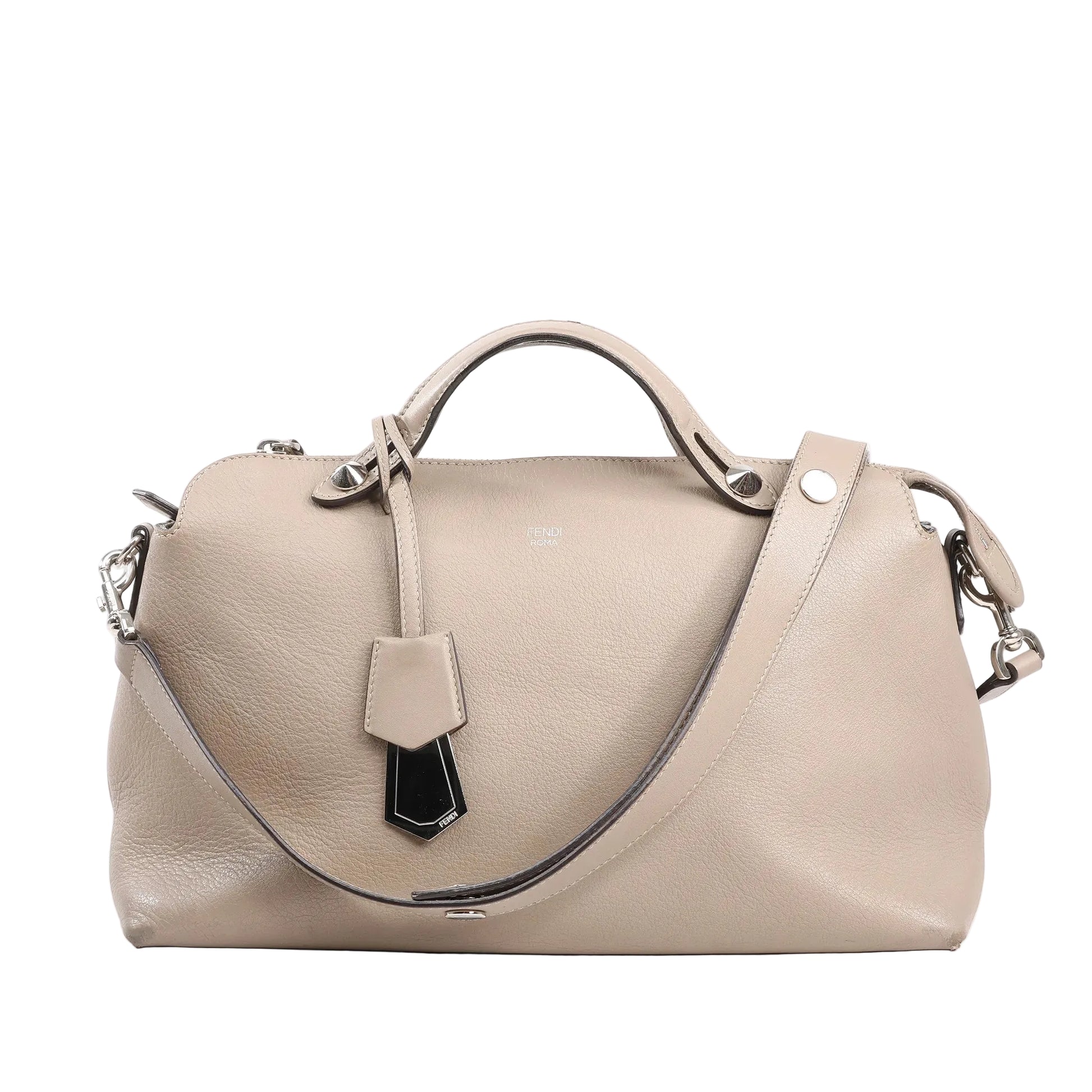 Fendi By The Way Medium 2Way handbag in beige grained leather with silver-tone hardware, top handles, shoulder strap, and decorative tag charm.