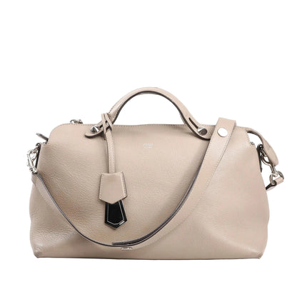 Fendi By The Way Medium 2Way handbag in beige grained leather with silver-tone hardware, top handles, shoulder strap, and decorative tag charm.