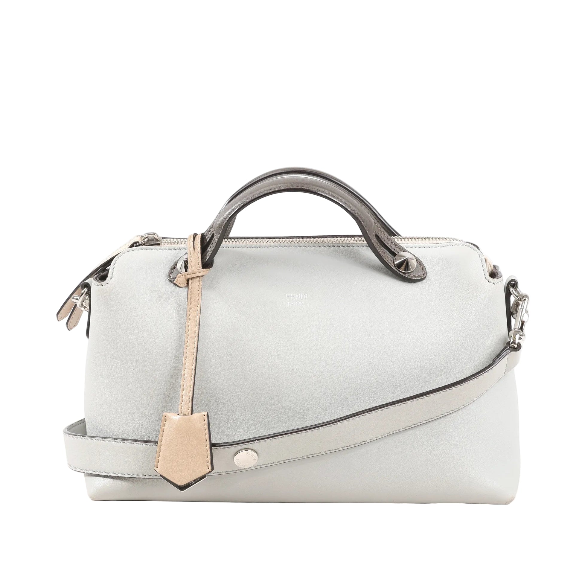 Front view of a Fendi By The Way Medium 8BL124 handbag in light blue leather with dark gray top handles, beige luggage tag, silver hardware, and detachable shoulder strap.