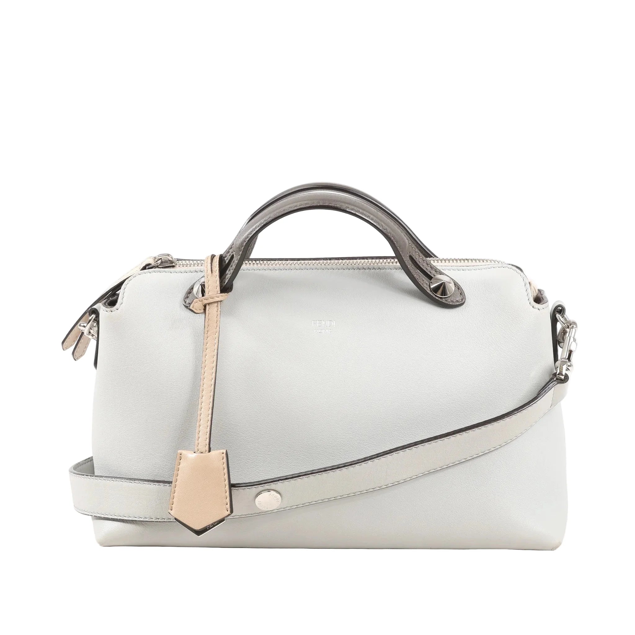Front view of a Fendi By The Way Medium 8BL124 handbag in light blue leather with dark gray top handles, beige luggage tag, silver hardware, and detachable shoulder strap.
