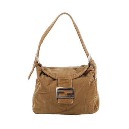 Front view of the FENDI Corduroy Double Flap Baguette Shoulder Bag in camel, featuring plush camel-colored corduroy fabric, single shoulder strap, fold-over flap with silver-tone FF logo buckle, and soft, slouchy structure, displayed against a white background.