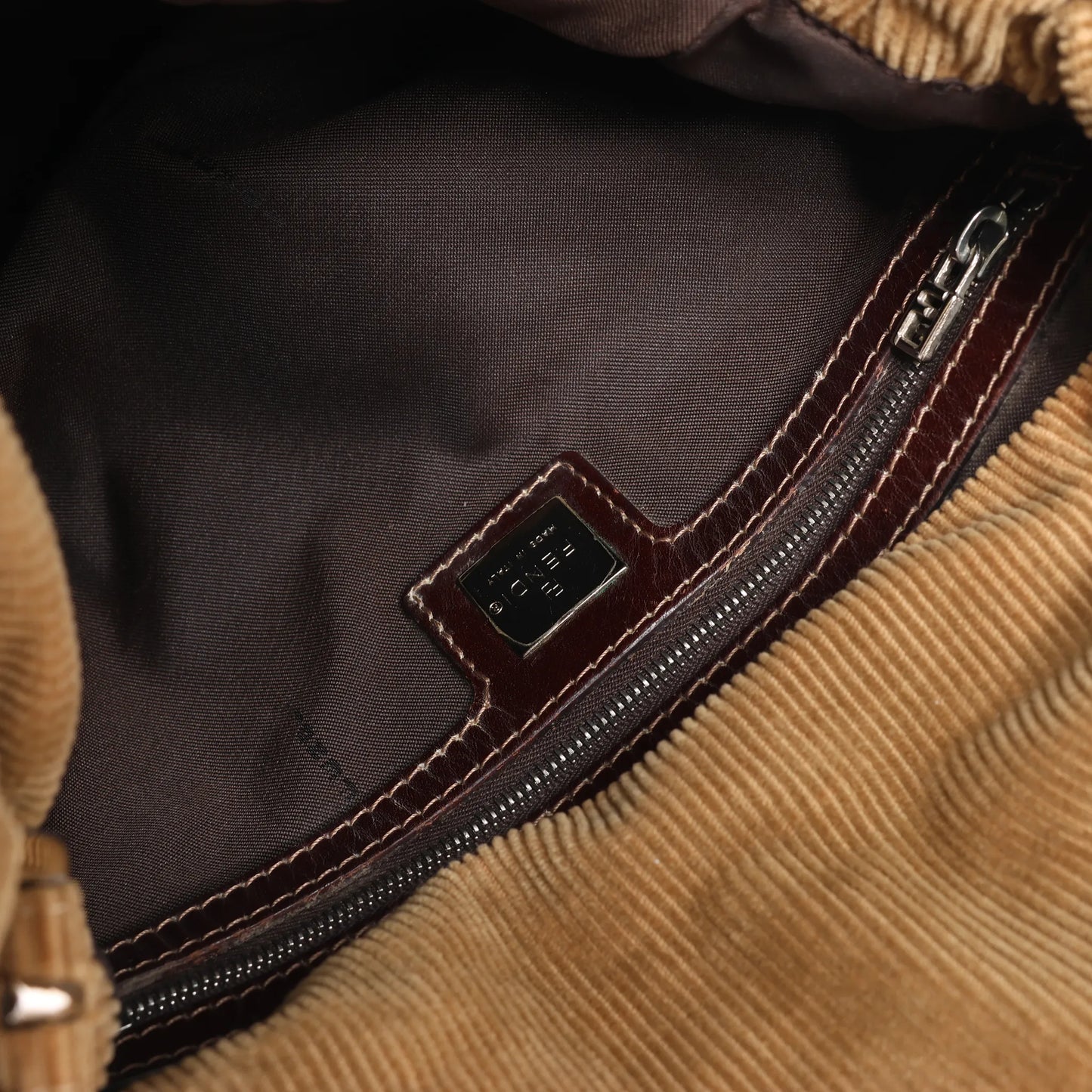 FENDI Corduroy Double Flap Baguette Shoulder Bag in Camel 26426