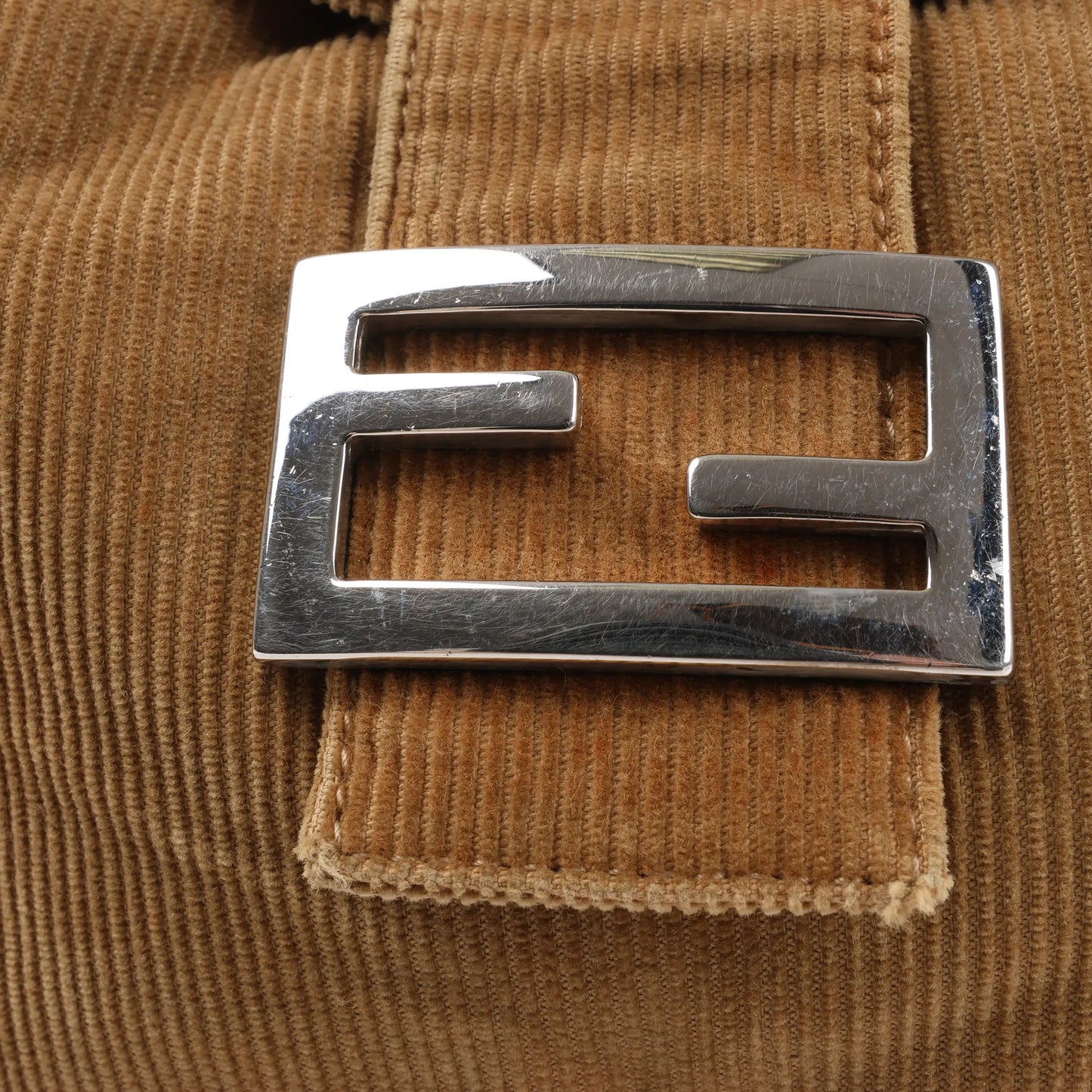 FENDI Corduroy Double Flap Baguette Shoulder Bag in Camel 26426