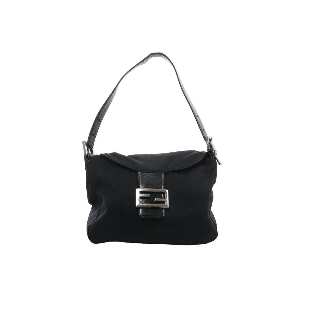 A black Fendi Mama Baguette shoulder bag made of textile fabric with leather strap and front flap featuring a silver-tone FF logo buckle.