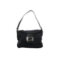 A black Fendi Mama Baguette shoulder bag made of textile fabric with leather strap and front flap featuring a silver-tone FF logo buckle.