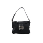 A black Fendi Mama Baguette shoulder bag made of textile fabric with leather strap and front flap featuring a silver-tone FF logo buckle.