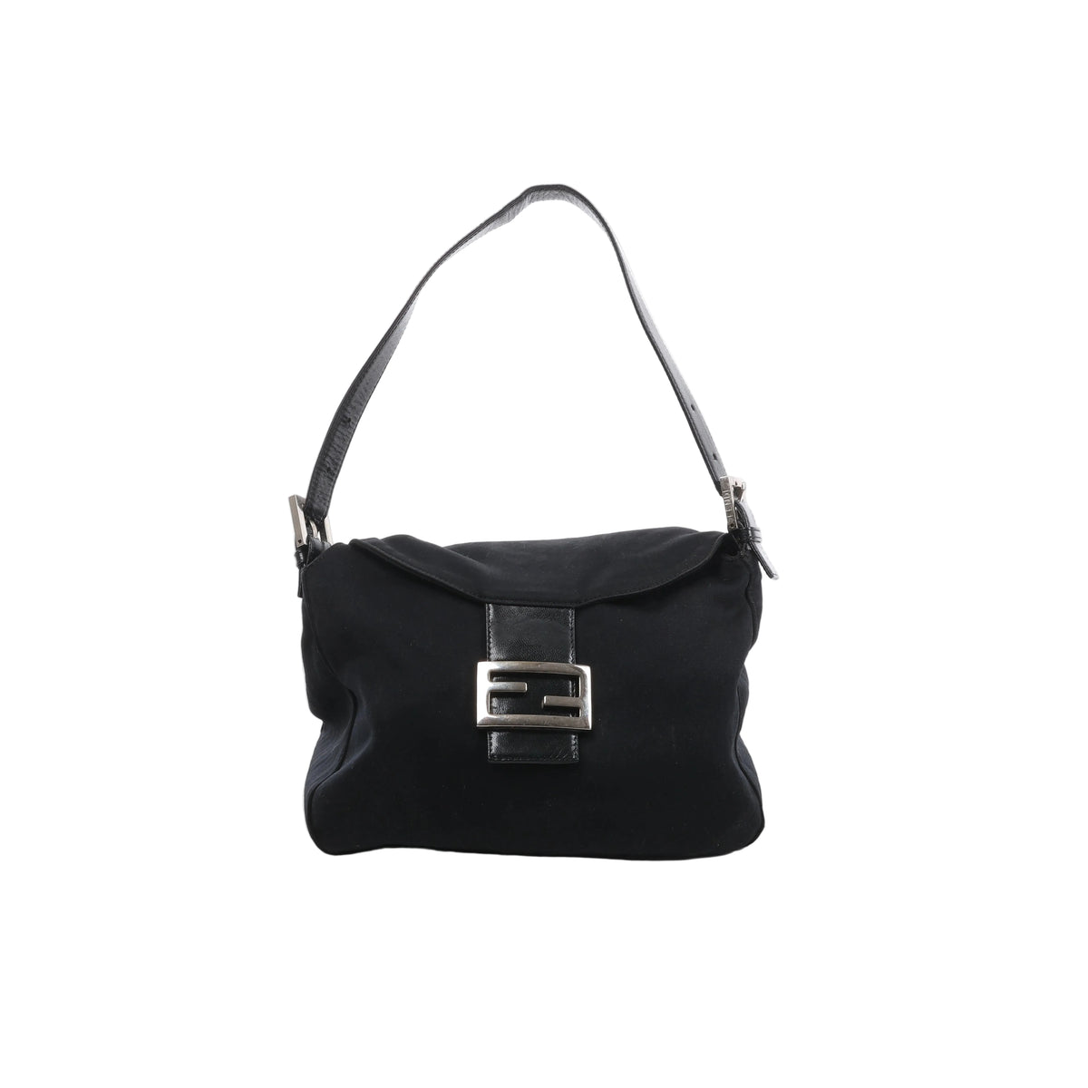 A black Fendi Mama Baguette shoulder bag made of textile fabric with leather strap and front flap featuring a silver-tone FF logo buckle.