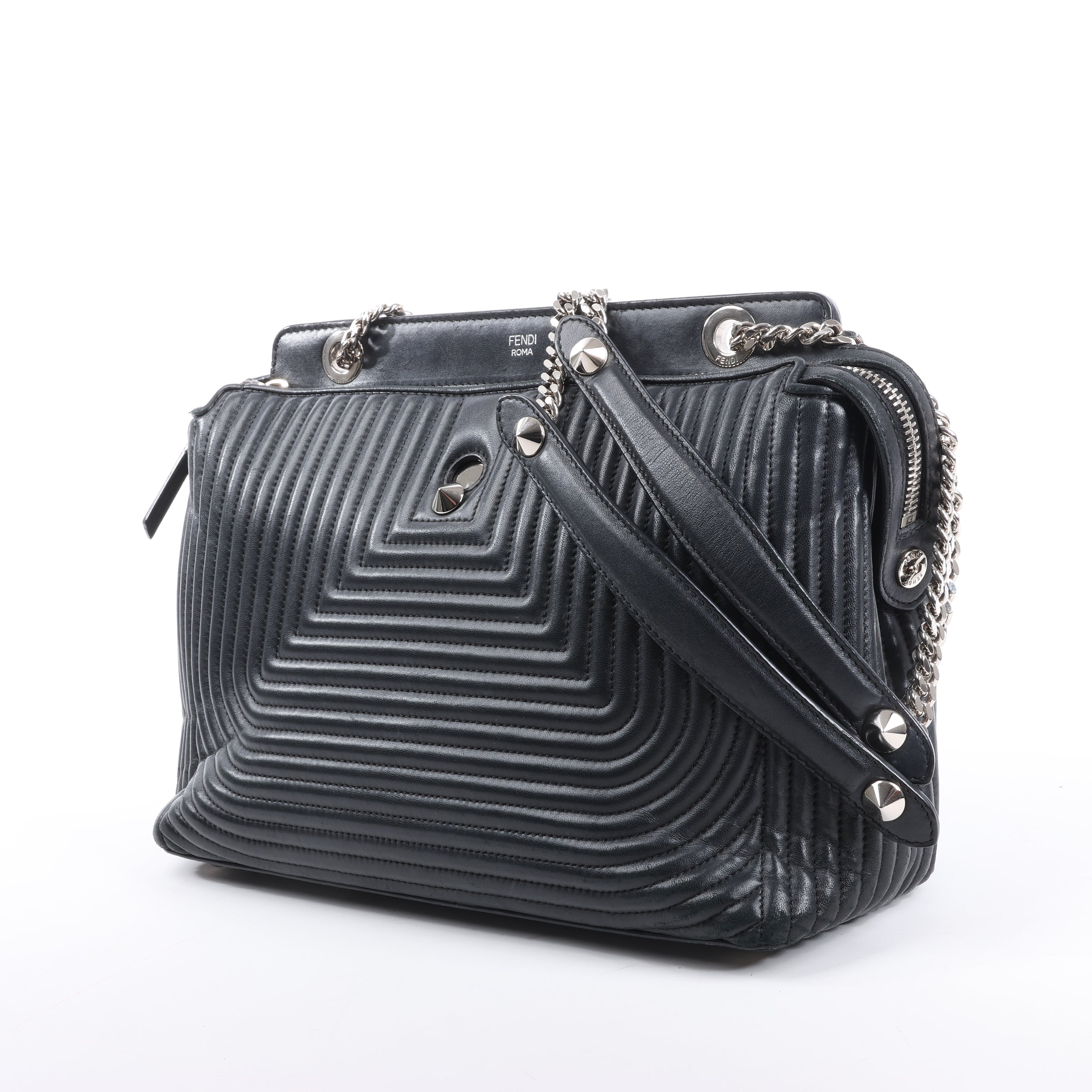 Fendi Dotcom Leather Chain Semi Shoulder Bag in Black