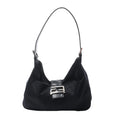 Fendi Mamma Baguette black jersey shoulder bag with leather trim, curved hobo shape, adjustable strap and silver-tone FF buckle.