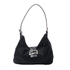 Fendi Mamma Baguette black jersey shoulder bag with leather trim, curved hobo shape, adjustable strap and silver-tone FF buckle.