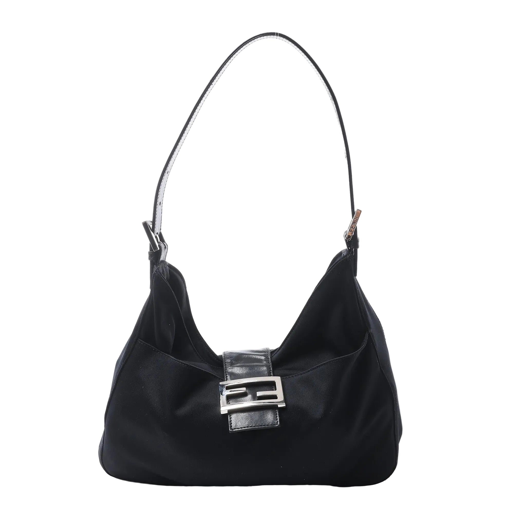 Fendi Mamma Baguette black jersey shoulder bag with leather trim, curved hobo shape, adjustable strap and silver-tone FF buckle.