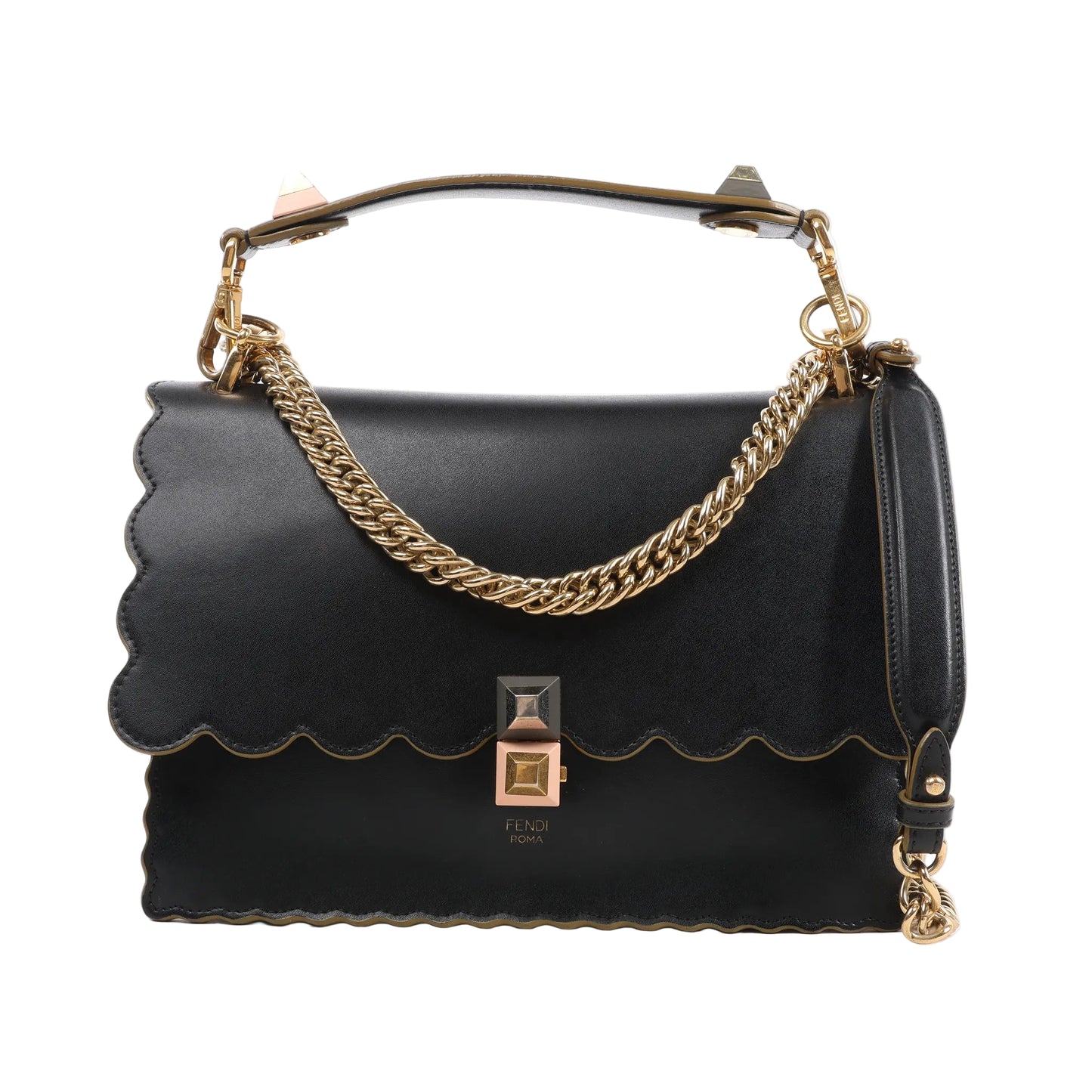 FENDI Kan I 2Way Handbag 8BT283 in black leather with scalloped edges, gold-tone chain and leather strap, and a signature pyramid stud clasp, displayed against a white background.