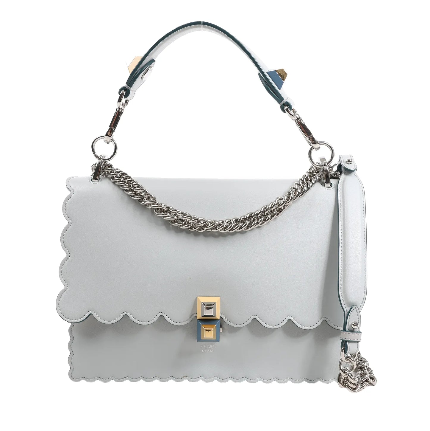 FENDI Kan I 2Way handbag in pastel blue leather with scalloped edges, silver-tone chain strap, detachable top handle, and gold-and-silver pyramid clasp, displayed against a white background.