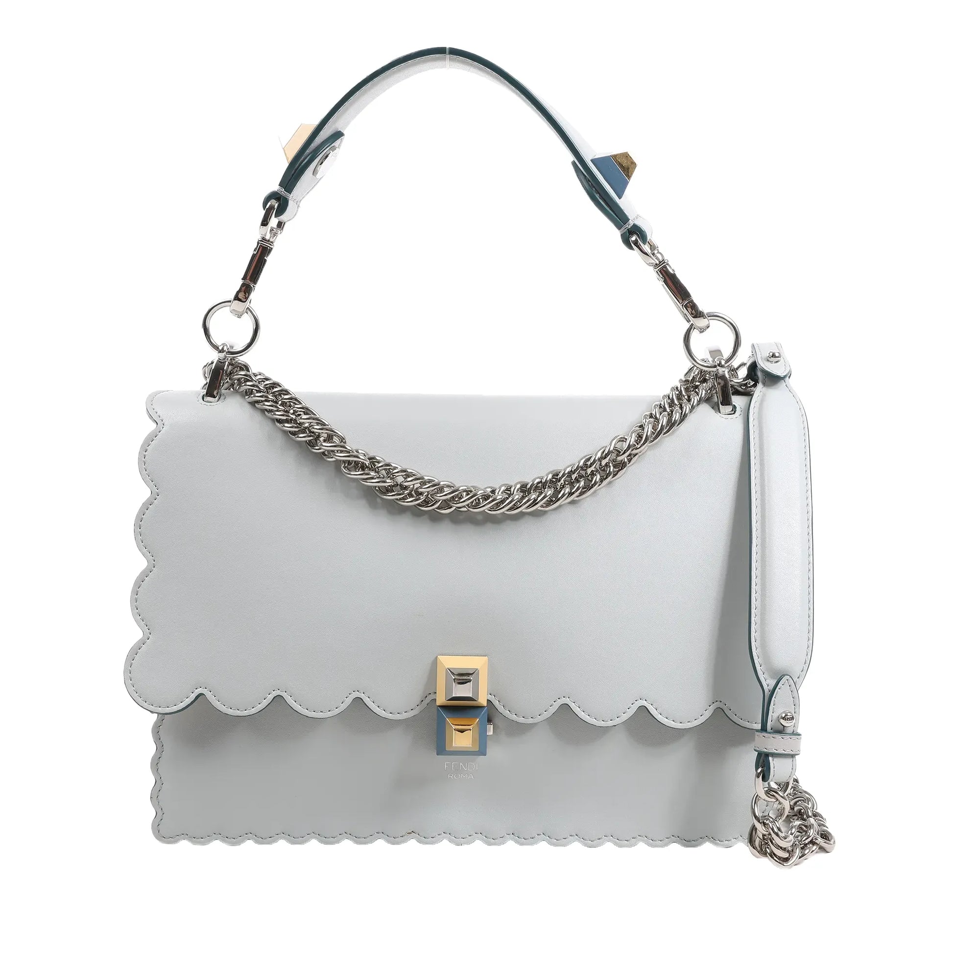 FENDI Kan I 2Way handbag in pastel blue leather with scalloped edges, silver-tone chain strap, detachable top handle, and gold-and-silver pyramid clasp, displayed against a white background.