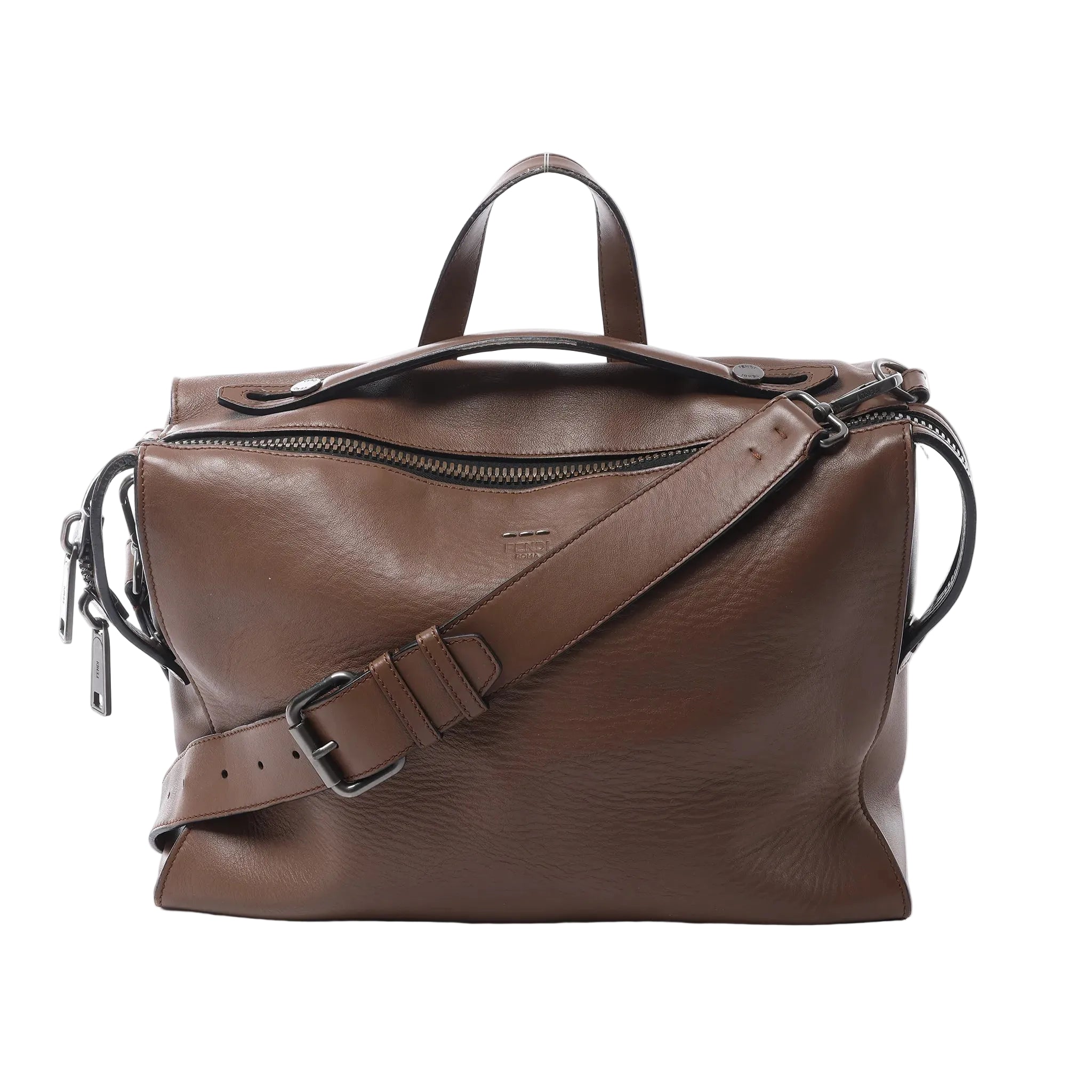 Fendi Lui Urban 2-way handbag in brown leather with top handle, adjustable shoulder strap, double zip closure and dark metal hardware.