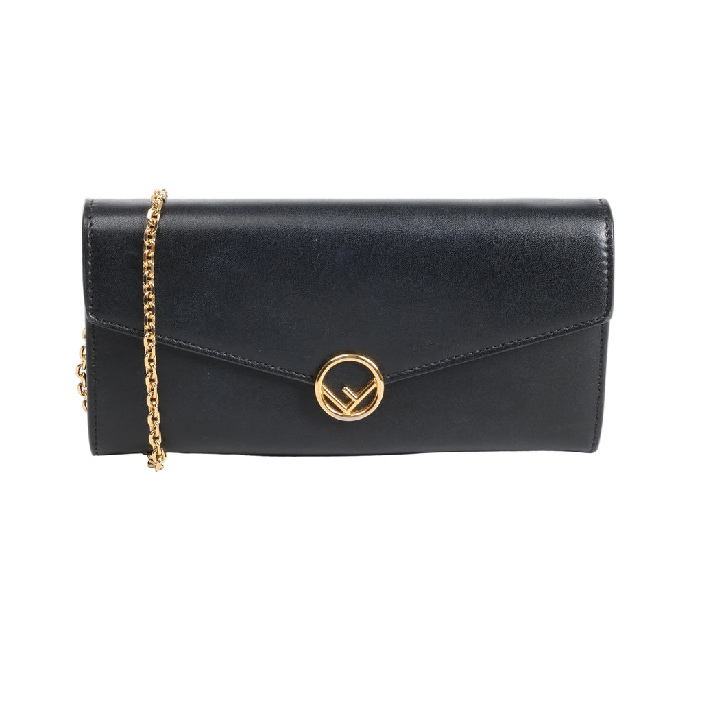 Black Fendi leather chain wallet with envelope flap, round gold-tone F logo clasp and fine gold-tone chain strap.