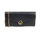 Black Fendi leather chain wallet with envelope flap, round gold-tone F logo clasp and fine gold-tone chain strap.