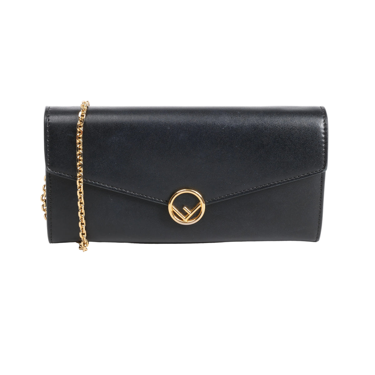 Black Fendi leather chain wallet with envelope flap, round gold-tone F logo clasp and fine gold-tone chain strap.