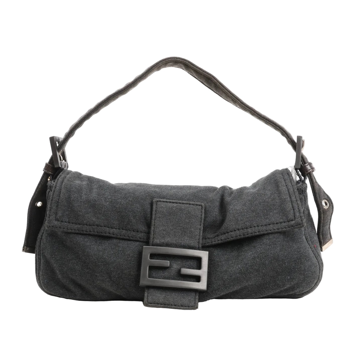 FENDI Baguette shoulder bag 26424 in soft gray cotton fabric, featuring a flap closure with matte black FF buckle, relaxed rectangular shape, and adjustable cotton strap with silver-tone hardware.