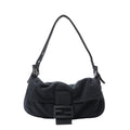 Fendi Baguette shoulder bag in dark grey cotton with a softly gathered flap, adjustable strap, silver-tone hardware and tonal FF buckle.