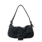 Fendi Baguette shoulder bag in dark grey cotton with a softly gathered flap, adjustable strap, silver-tone hardware and tonal FF buckle.