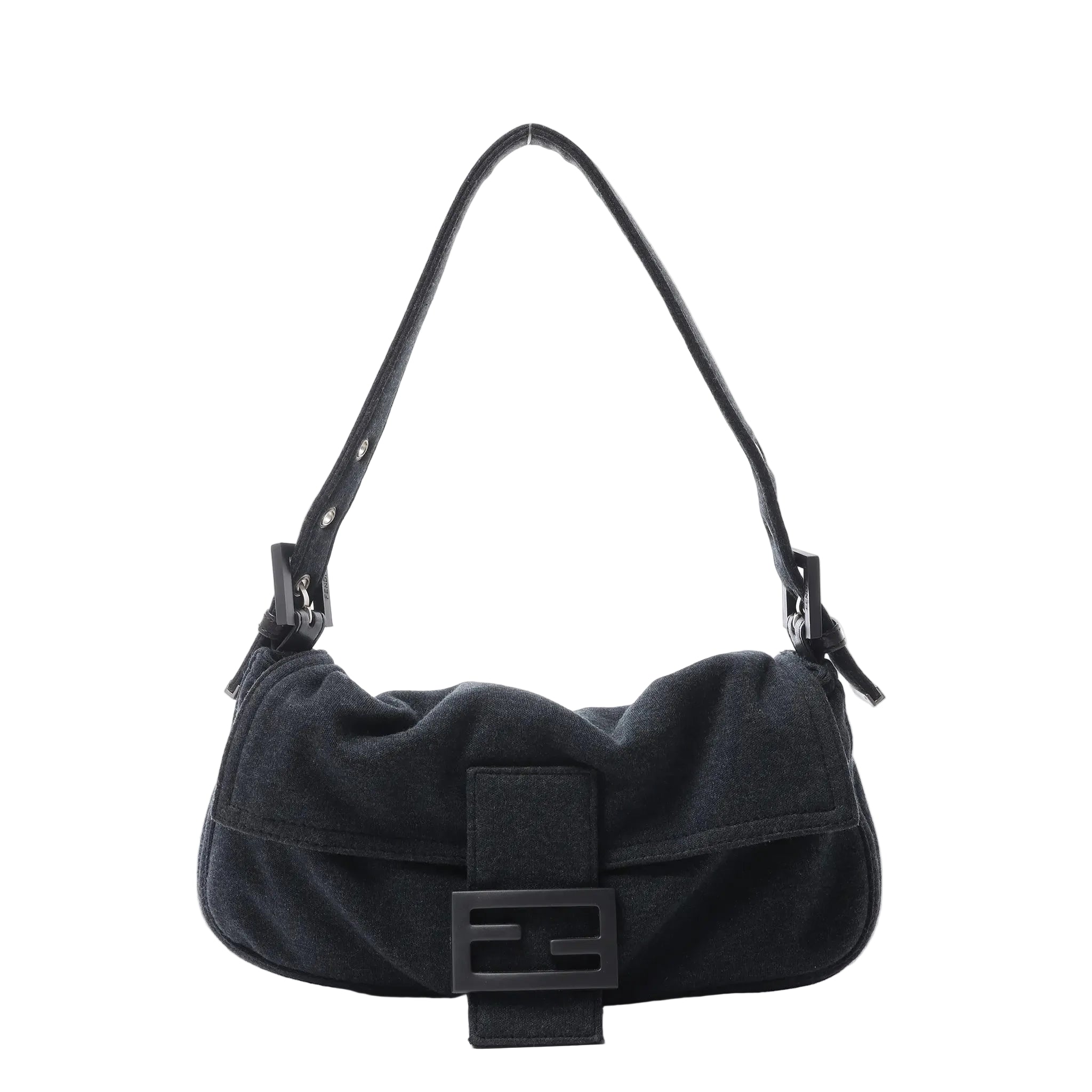 Fendi Baguette shoulder bag in dark grey cotton with a softly gathered flap, adjustable strap, silver-tone hardware and tonal FF buckle.