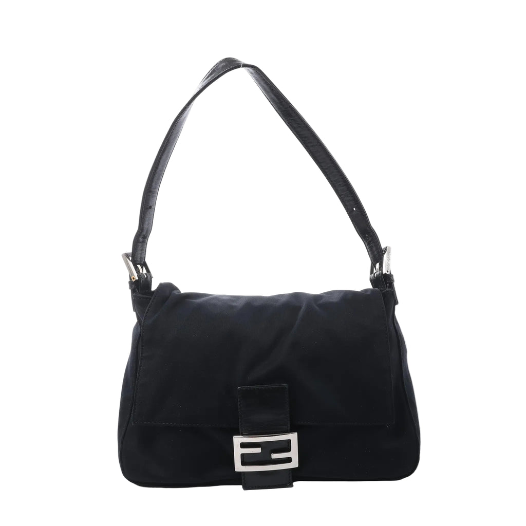 Fendi Mamma Baguette black jersey shoulder bag with leather trim, adjustable strap, front flap and silver-tone FF buckle.