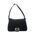Fendi Mamma Baguette black jersey shoulder bag with leather trim, adjustable strap, front flap and silver-tone FF buckle.