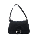 Fendi Mamma Baguette black jersey shoulder bag with leather trim, adjustable strap, front flap and silver-tone FF buckle.