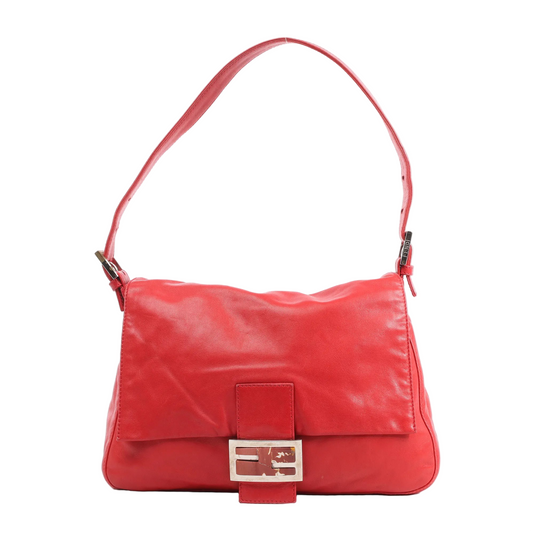 Fendi Mamma Baguette Shoulder Bag 26325 in red leather with a single adjustable strap, front flap closure, and silver-tone FF buckle, displayed against a white background.