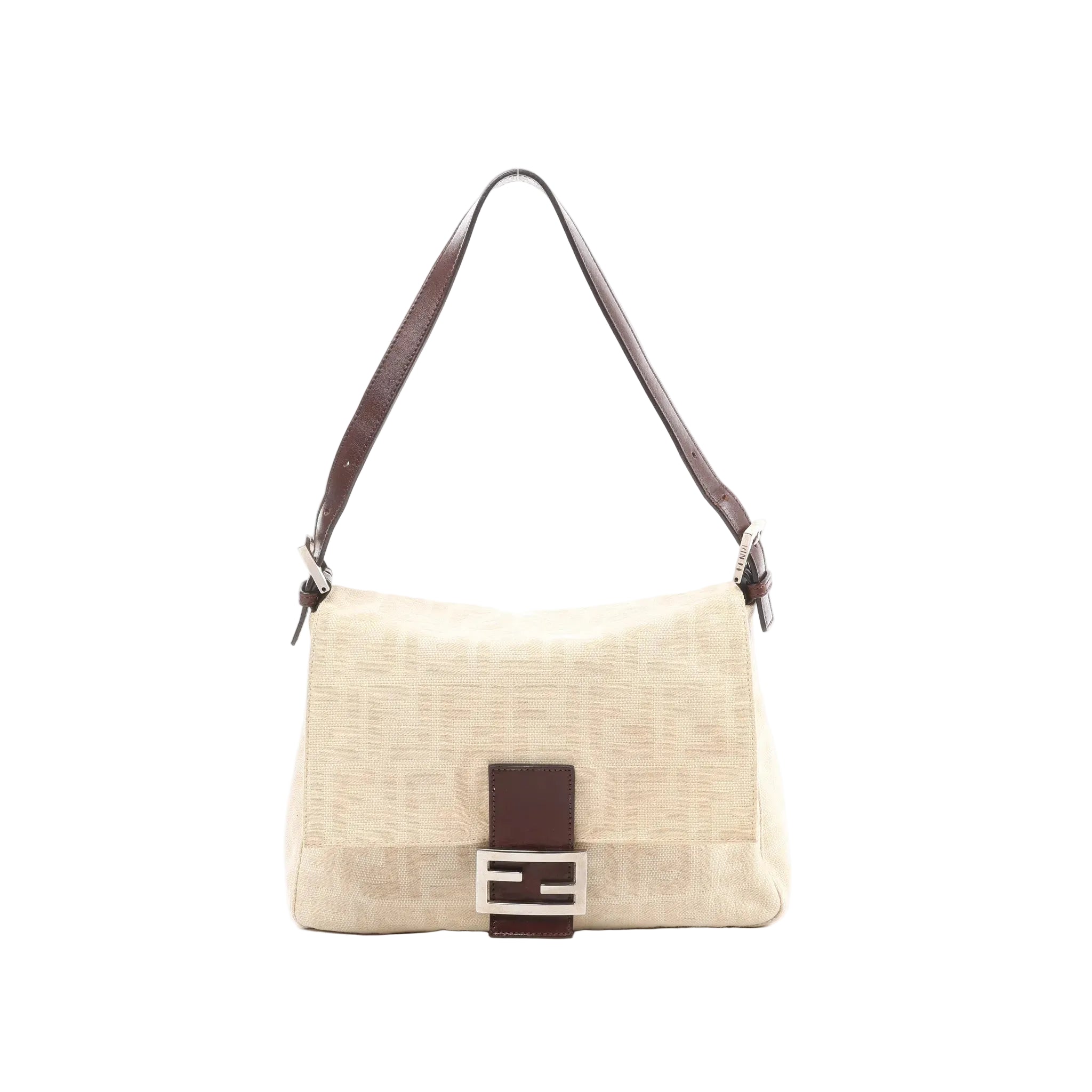 Beige Fendi Zucchino canvas shoulder bag with brown leather strap and trim, front leather tab, and silver-tone FF buckle on a white background.