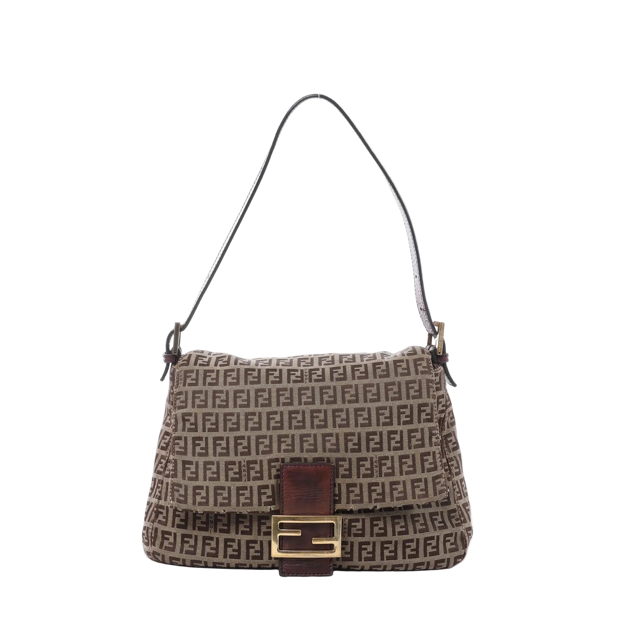 Fendi Mamma Baguette shoulder bag in brown Zucchino canvas with dark leather trim, slim shoulder strap, flap front, and gold-tone FF buckle on white background.