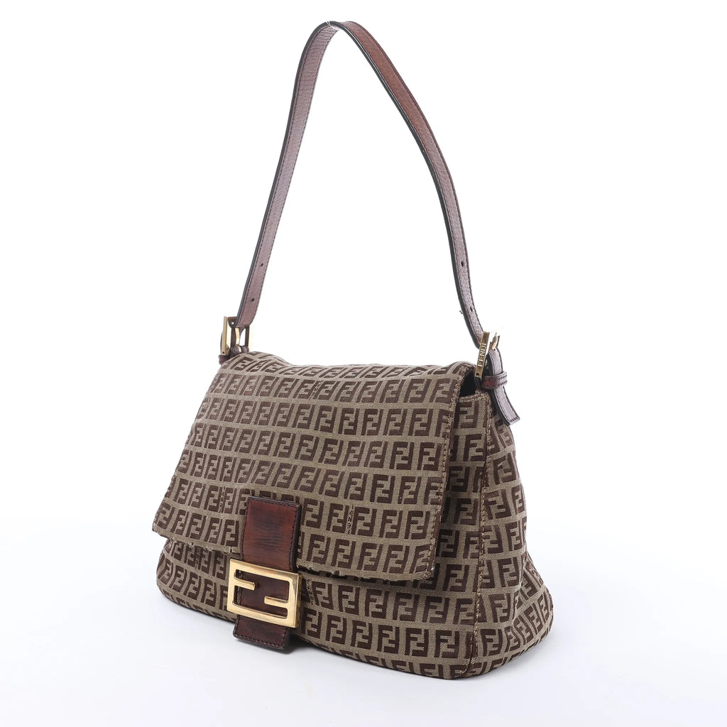 FENDI Mamma Baguette Zucchino Canvas & Leather Shoulder bag in Brown 8BR001