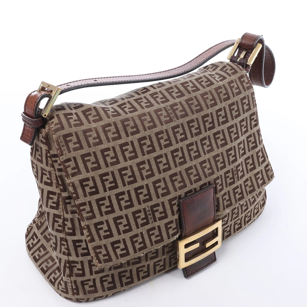 FENDI Mamma Baguette Zucchino Canvas & Leather Shoulder bag in Brown 8BR001