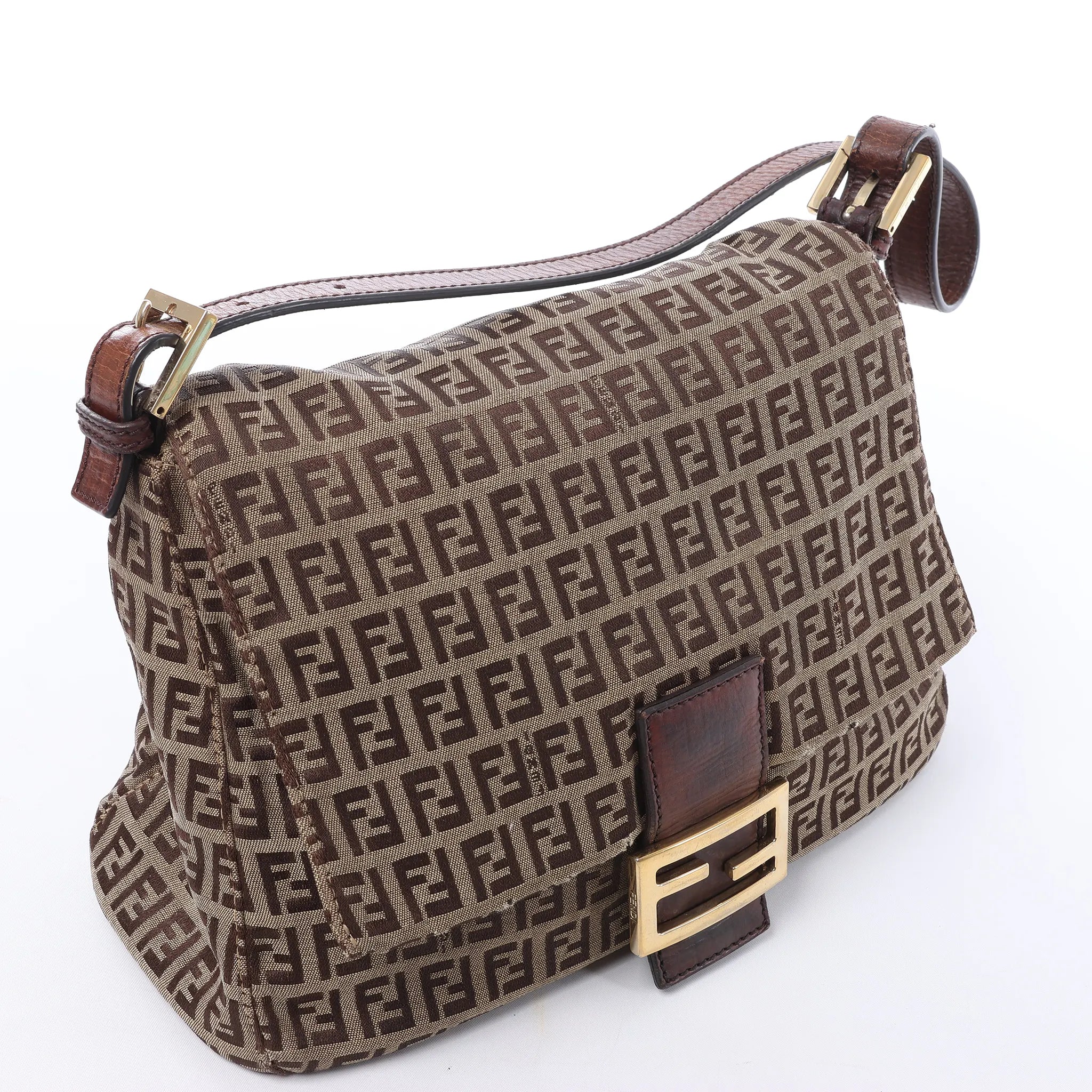 FENDI Mamma Baguette Zucchino Canvas & Leather Shoulder bag in Brown 8BR001