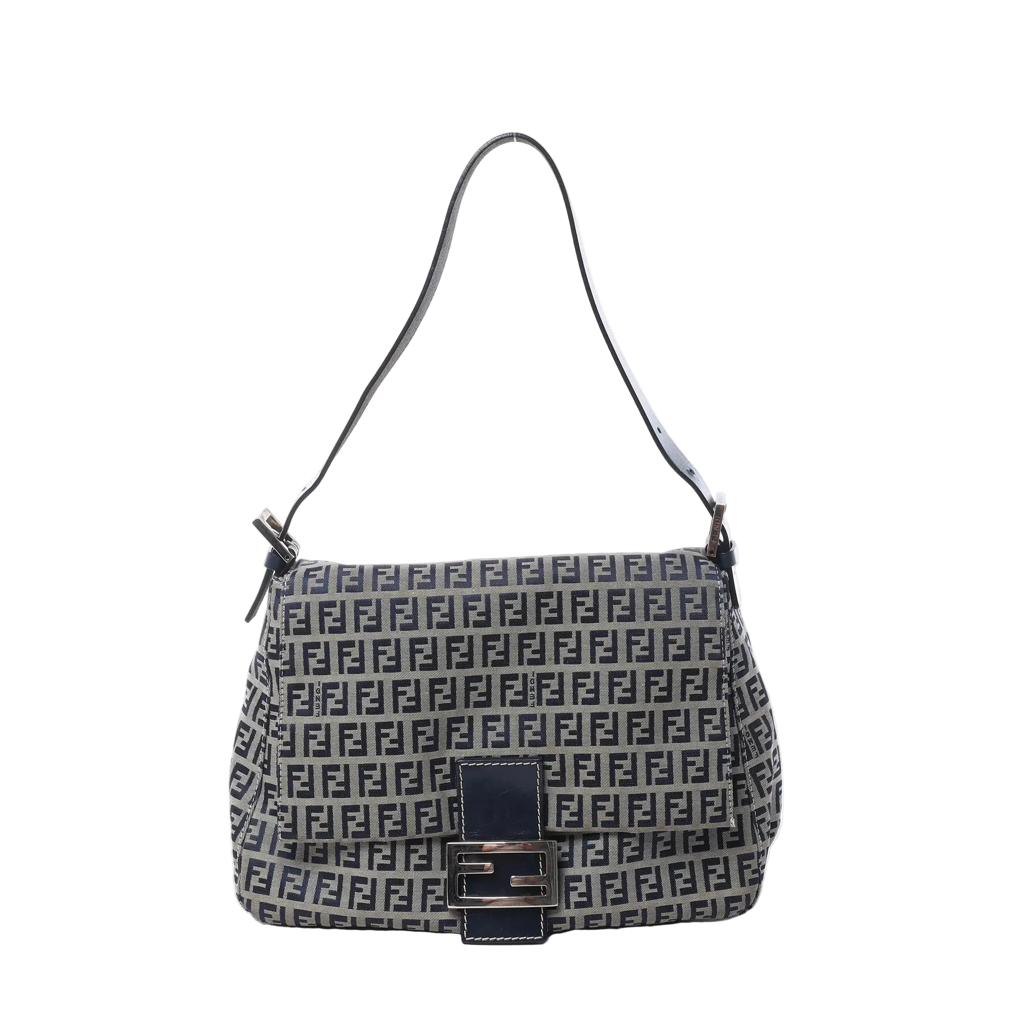 Fendi Mamma Baguette shoulder bag in navy blue and gray Zucchino canvas with black leather trim, slim shoulder strap, flap front, and silver-tone FF buckle on white background.