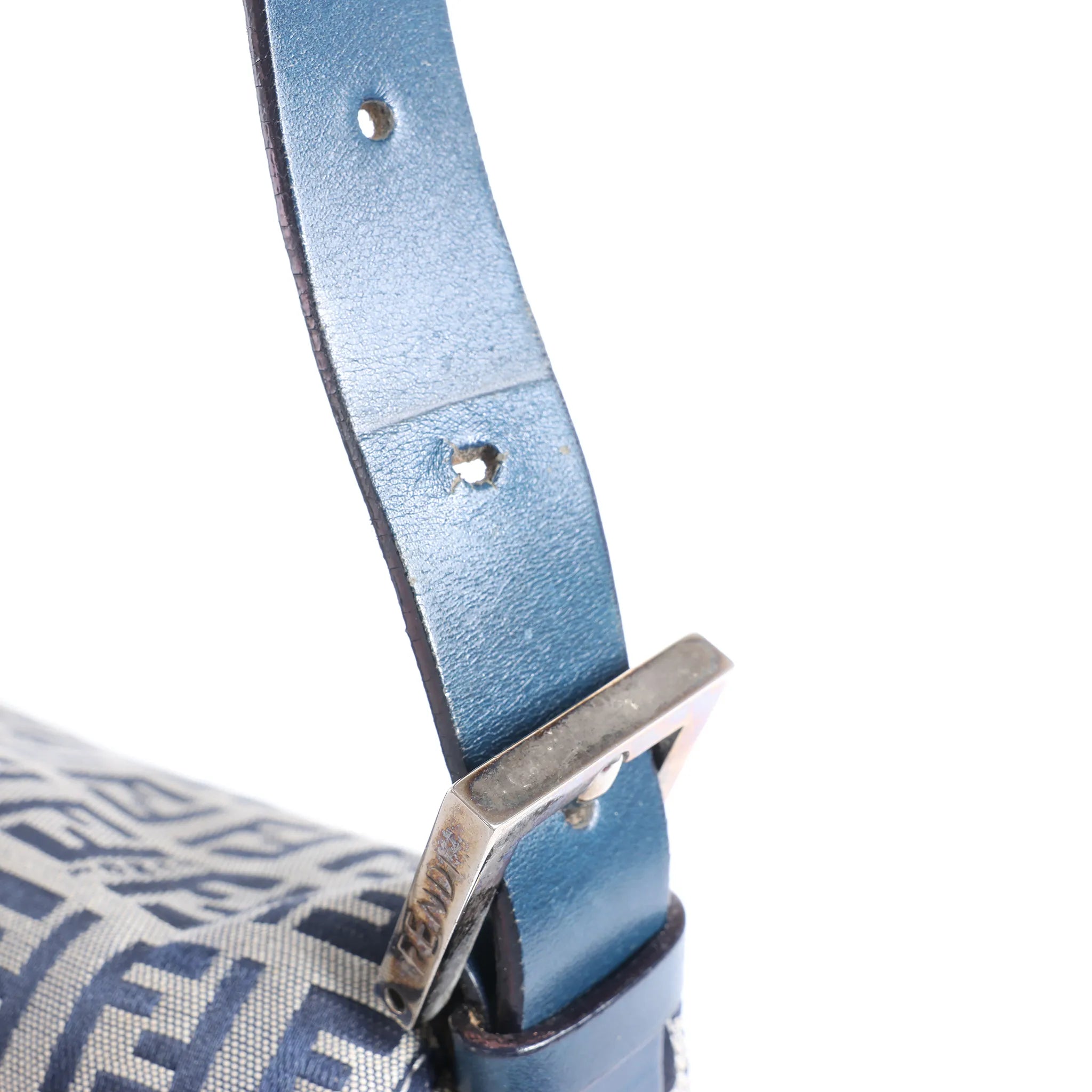 FENDI Mamma Baguette Zucchino Canvas & Leather Shoulder bag in Navy Blue x Gray 26325