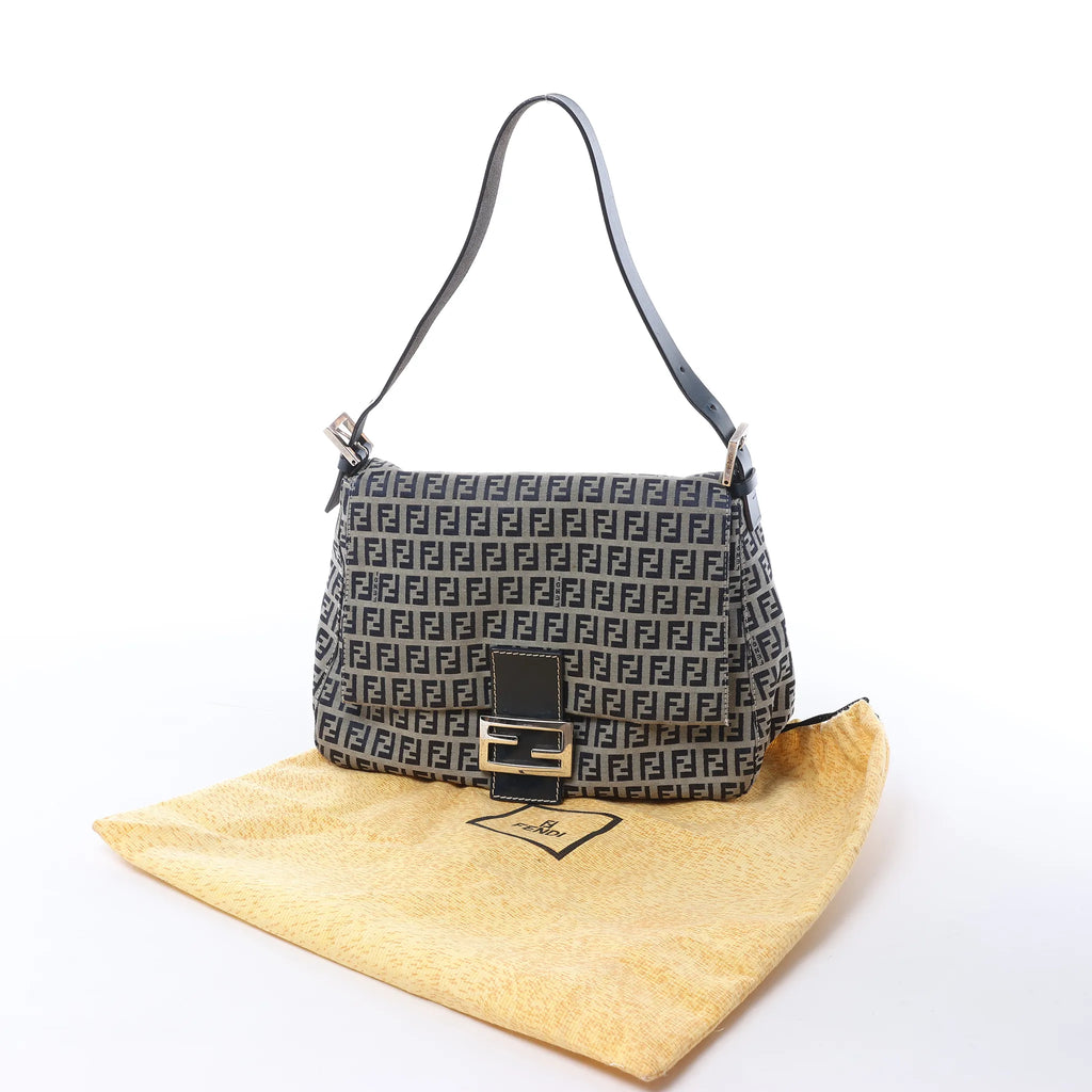 FENDI Mamma Baguette Zucchino Canvas & Leather Shoulder bag in Navy Blue x Gray 26325