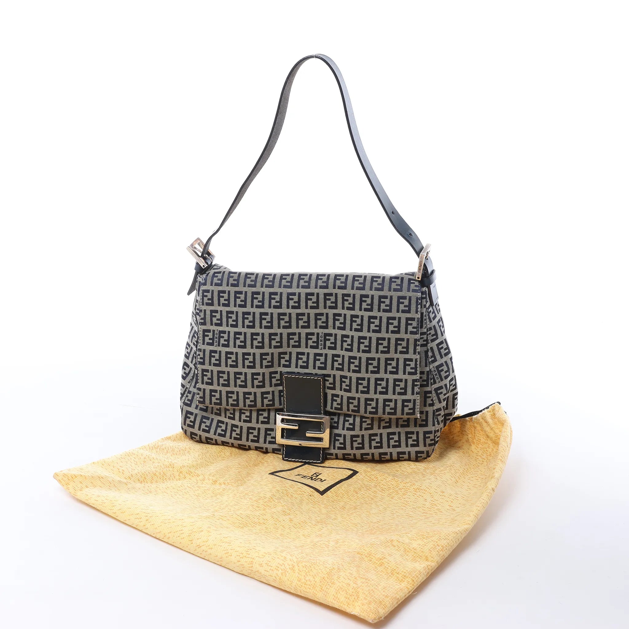 FENDI Mamma Baguette Zucchino Canvas & Leather Shoulder bag in Navy Blue x Gray 26325