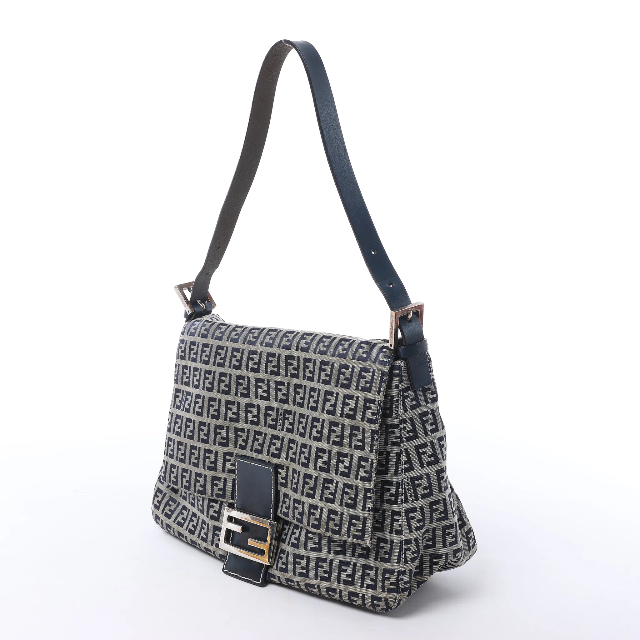 FENDI Mamma Baguette Zucchino Canvas & Leather Shoulder bag in Navy Blue x Gray 26325