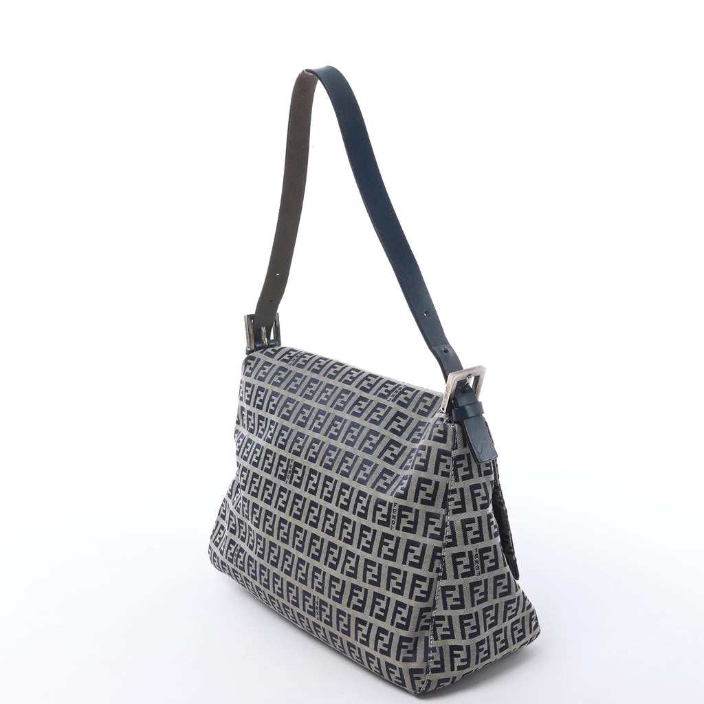 FENDI Mamma Baguette Zucchino Canvas & Leather Shoulder bag in Navy Blue x Gray 26325