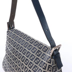 FENDI Mamma Baguette Zucchino Canvas & Leather Shoulder bag in Navy Blue x Gray 26325