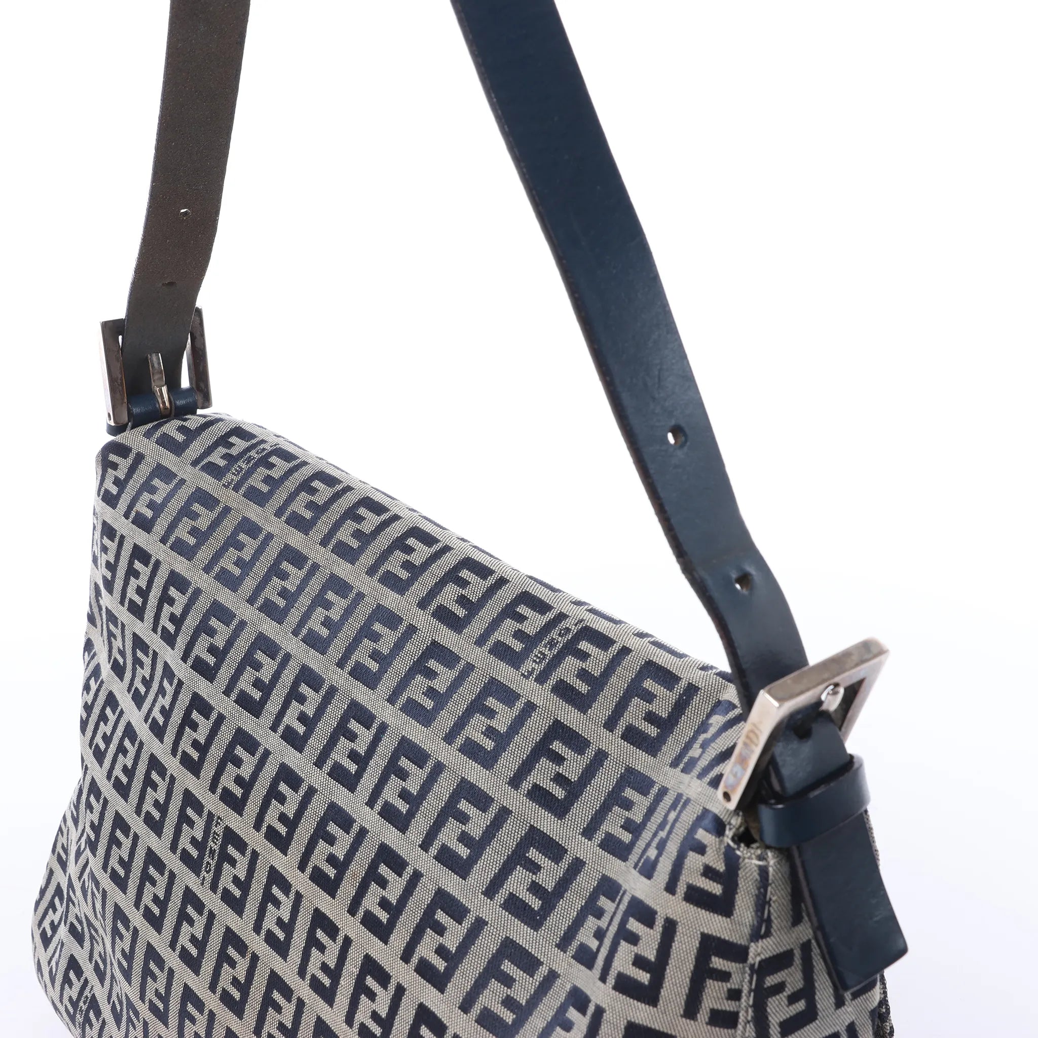 FENDI Mamma Baguette Zucchino Canvas & Leather Shoulder bag in Navy Blue x Gray 26325