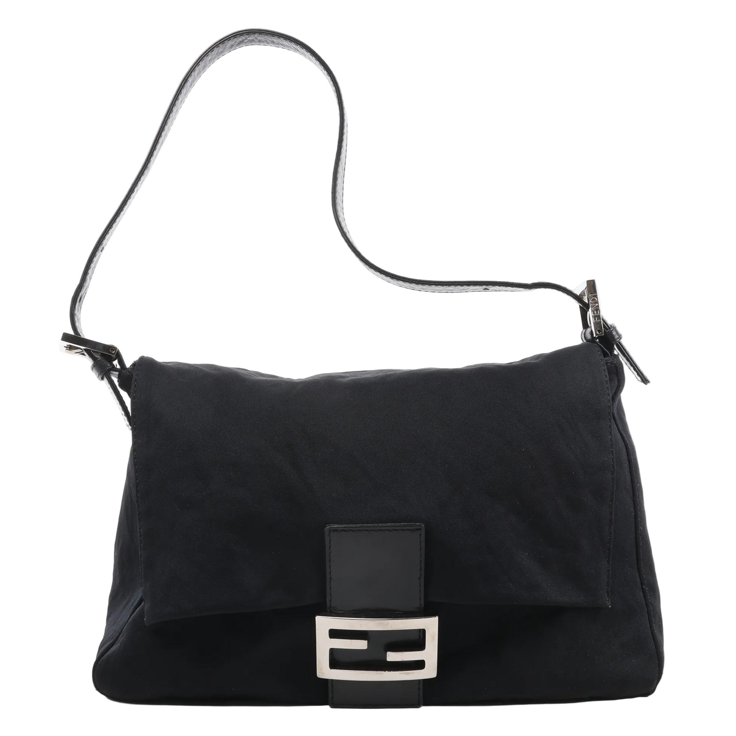 Fendi Zucchino Mamma Baguette shoulder bag in black nylon with leather trim, flap closure, silver-tone FF logo buckle, and adjustable strap against a white background.