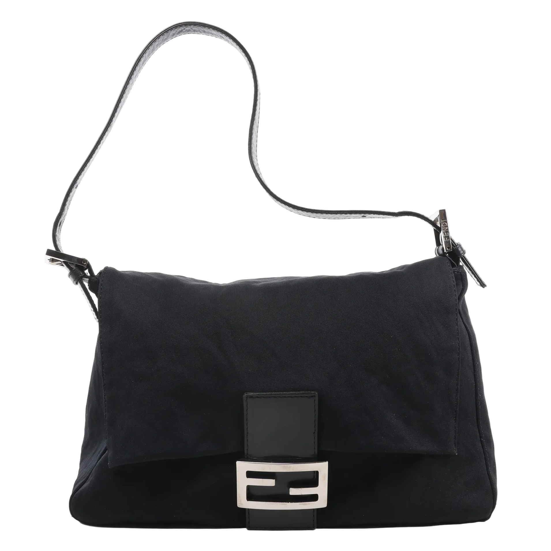Fendi Zucchino Mamma Baguette shoulder bag in black nylon with leather trim, flap closure, silver-tone FF logo buckle, and adjustable strap against a white background.